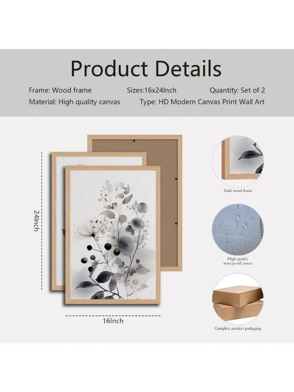 Set of 2 Framed Botanical Wall Art - Neutral Floral Canvas Prints 16x24